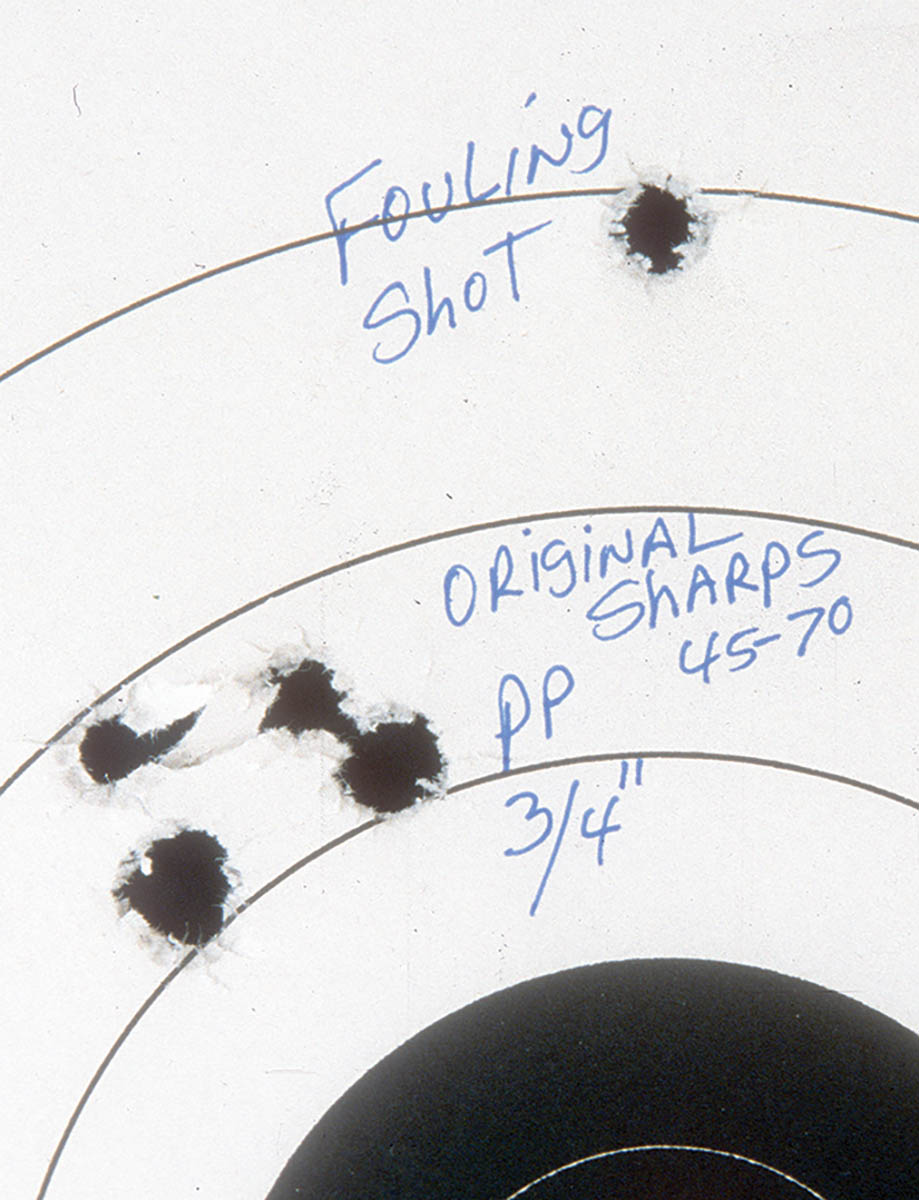 Handloads provided this group using 500-grain paper patch bullets in an original Model 1874 .45-70.
